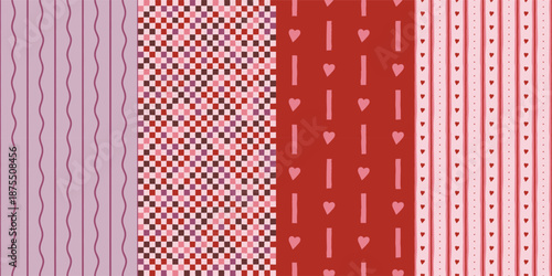 Set of seamless patterns for valentines day with hearts stripes and geometric checkers in red pink and purple colors