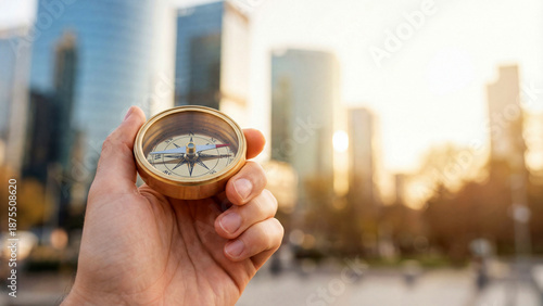 ビル街できらりと光る黄金のコンパスが示すリーダーと未来の希望