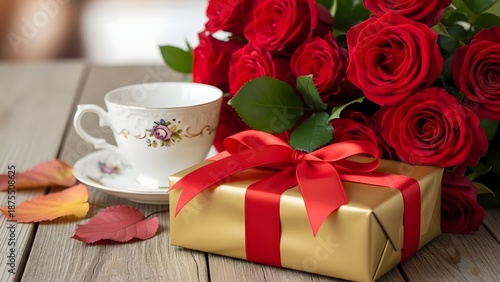 cup of coffee with rose and valentines gift