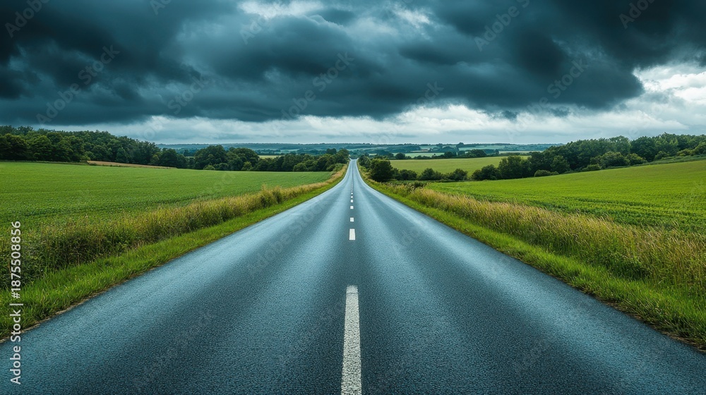 Fototapeta premium A long road with a dark sky above it. The sky is cloudy and the road is empty
