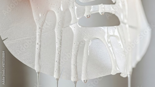 Close up of a sheet mask dripping serum on a neutral background