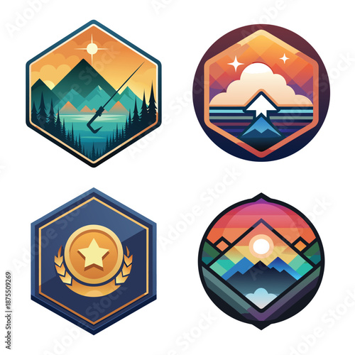 Graphic Icon Set Featuring Fishing Adventure Mountain Badge, Cloud Rising Arrow Symbol, Gold Star Achievement Award, and Geometric Sunset Landscape Collage