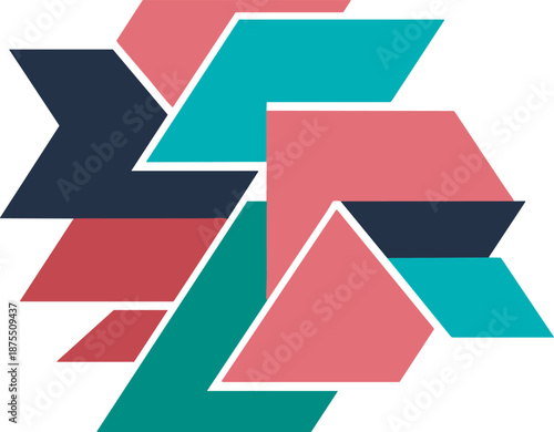 Overlapping geometric triangles in red blue teal and navy with white outlines