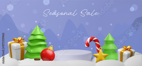 3D Christmas seasonal sale background with podium for product display. Winter holiday landscape with gift boxes, trees, and candy cane. Festive promotion banner