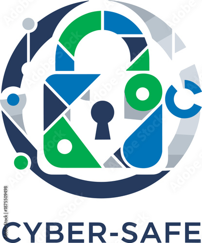 Modern cybersecurity shield with padlock and digital network in blue green and white