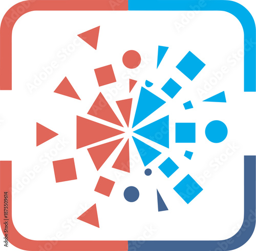 Scattered colorful geometric shapes on white background with red and blue gradient border