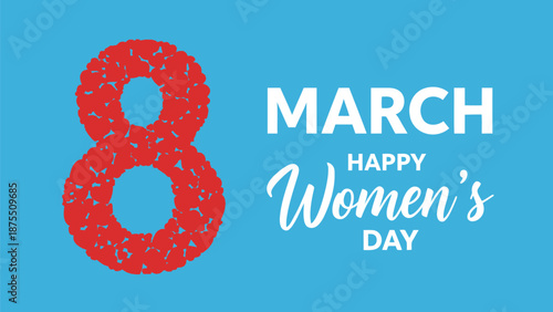 Happy women's day celebration on march 8th with red and white text on blue background