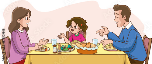 A lovely family having dinner and chatting at the table, vector illustration