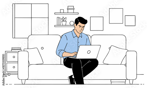 Man working on laptop at home illustration