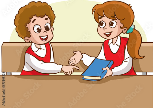 A cute elementary school student asking a friend for a book in class, vector illustration