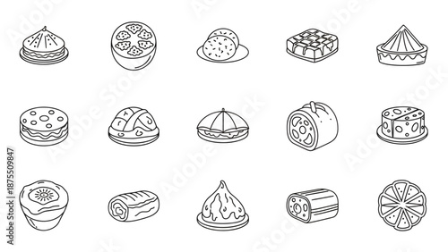 Sweet Desserts and Pastry Line Icon Set, Bakery Food Doodle Vector Collection, Minimalist Cake and Confectionery Icons for Cafe Menu Design