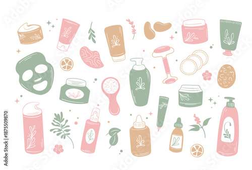 Skincare spa products set korean  bottles and tubes natural cosmetic hand drawn