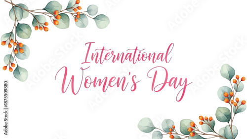 International women's day celebration with floral wreath and pink text on white background