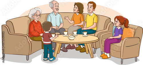 Young parents and children visiting grandparents, sitting together and talking, vector illustration.