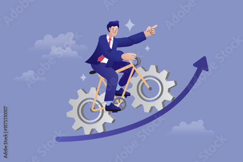 Business progress and efficiency concept. A businessman cycling uphill on a bike with gear wheels, riding along a rising arrow path. This metaphor illustrates how systematic operations.