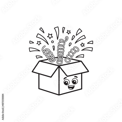 a cartoon box with a smiling face and confetti popping out of it in a celebratory scene