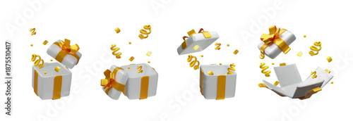 Open white gift box set confetti golden ribbon, bow, isolated on white background. Three-dimensional gift box collection design Christmas, New Year, birthday, promotions, seasonal marketing materials.