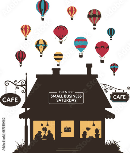 Whimsical hot air balloon cafe illustration
