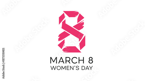 March 8 women's day logo with pink ribbon on white background celebrating equality