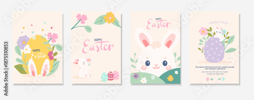 Set of Easter cards. Collection of covers, posters, banners, greeting card with bunny, eggs, flowers. Cartoon flat vector illustration isolated on white background