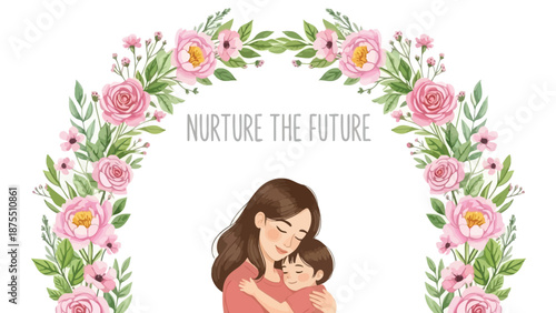 Mother and child hug surrounded by pink roses and green leaves in floral wreath with nurture the future text