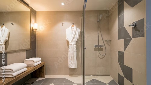 A panning shot of a modern luxury bathroom interior. Clean hotel spa room with a walk-in shower, fresh towels, and a bathrobe. Contemporary hospitality and real estate design