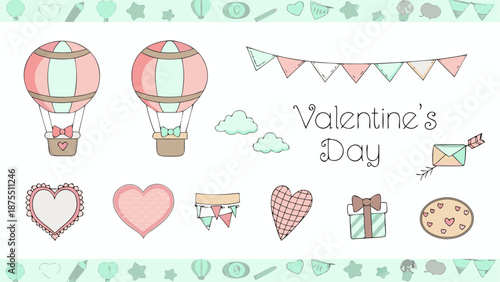 Valentine's Day celebration with hot air balloons and hearts