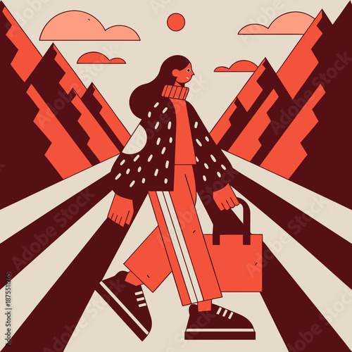 Urban fashion illustration of a woman walking with a bag in a stylized cityscape