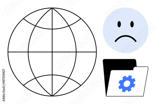 Network issues concept. Globe global connectivity, sad face emotion issues, and a folder with settings gear. Network used in troubleshooting, IT support, system maintenance, online communications