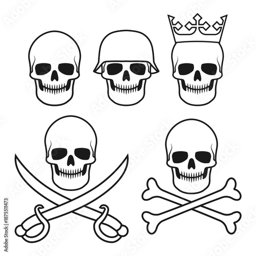 Skull collection. Skull with crossbones or swords sign. pirate jolly roger flag symbol Skeleton head with helmet and crown. Vector illustration image.