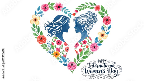 International women's day illustration with heart floral wreath and two female silhouettes