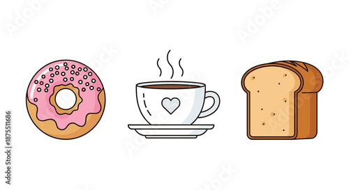 Breakfast Food and Drink Items on White Background