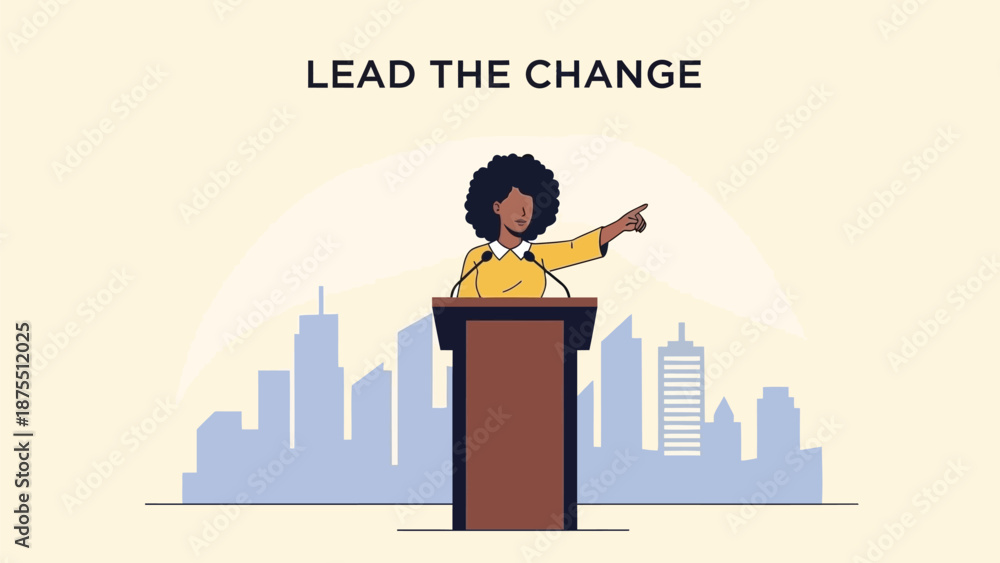 Obraz premium Woman leads change with inspiring speech from podium with cityscape background