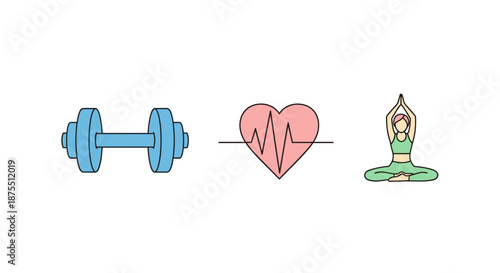 Healthy lifestyle and fitness icons with dumbbell heart yoga