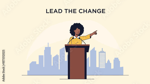 Woman leads change with inspiring speech from podium with cityscape background