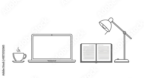 Home workspace with laptop and book