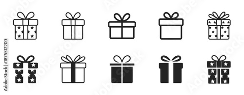 Gift box icons set featuring surprise packages, collection of gift boxes with ribbons, christmas gift icon illustrations, line and silhouette style, suitable for holiday designs, greeting cards