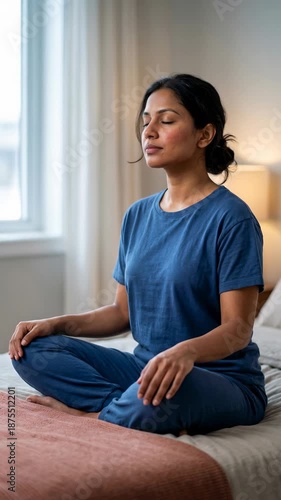 Vertical video of a South Asian woman meditating on a bed in the morning. Female in blue pajamas sitting with eyes closed practicing mindfulness and yoga breathing. Mental health and wellness concept