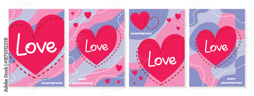 Colourful Valentine’s Day card with cartoon heart. Collection of abstract style invitations. Vector illustration