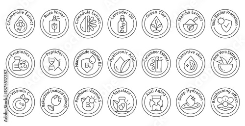 Line art circular skincare stamp icons with botanical ingredients and cosmetic care labels, Vitamins