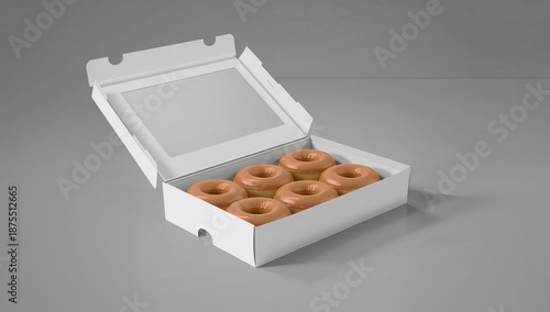 Open white cardboard pastry box filled with nine delicious glazed donuts on a clean studio background