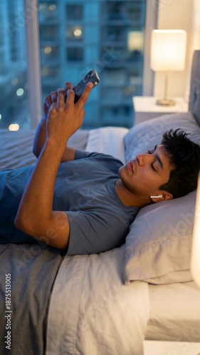 Vertical video of a young man lying in bed using a smartphone at night. Person wearing wireless earbuds watching a movie or browsing social media. Late night technology and relaxation concept