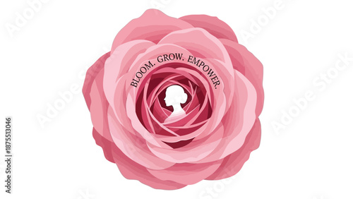 Pink rose flower with silhouette and text on white background symbolizing growth and empowerment