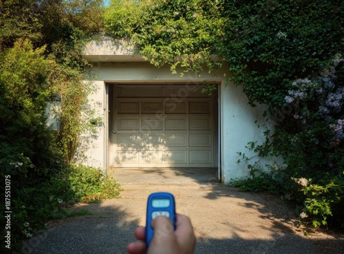 Open garage door, viewed from perspective of someone holding a remote control device