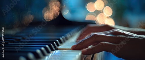 Close-up of hands playing piano keys with a blurred background of lights and blue tones
