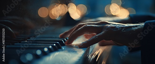 Close-up of pianist's hands playing keys, with blurred bokeh lights, showcasing music performance