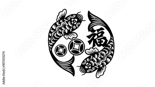 Traditional Yin Yang Koi Fish Illustration in Black and White