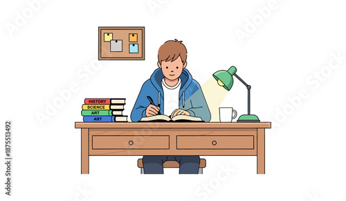 Student boy studying at his desk with books and a lamp in flat illustration style.