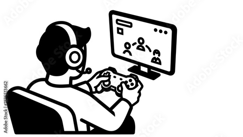 Young Male Gamer Playing Online Video Game with Headset and Controller.