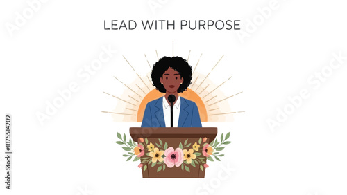 Confident woman speaking at podium with flowers inspiring leadership and purpose